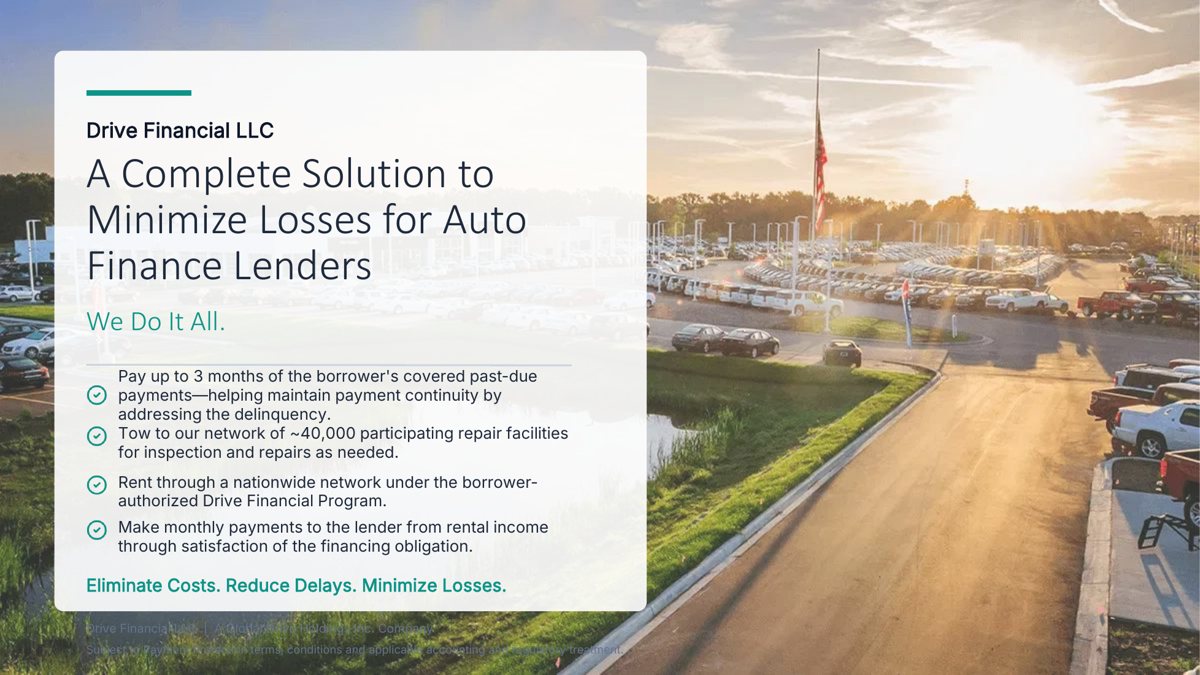 Cover of the Drive Financial lender presentation titled A Complete Solution to Minimize Losses for Auto Finance Lenders.